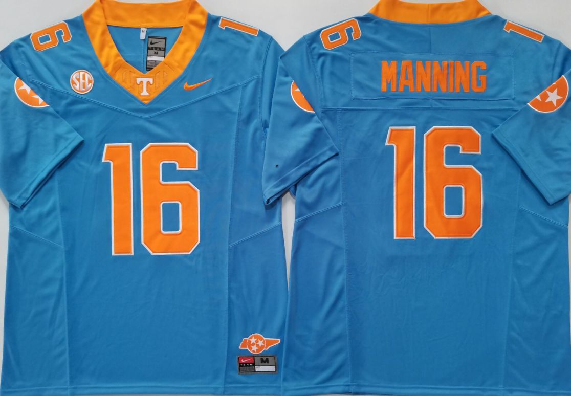 Men Tennessee Volunteers #16 Manning Light Blue Nike 2025 NCAA Jersey->ncaa teams->NCAA Jersey